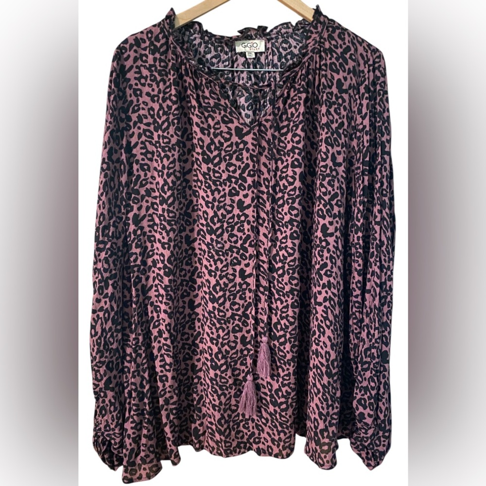 GIGIO PLUS Blouse Shirt LEOPARD PRINT Tie Neck Purple Women Size XX-Large
